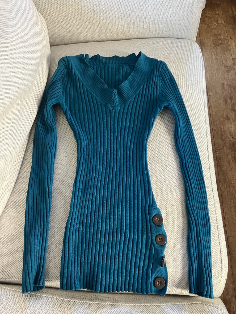 Y2k Teal Ribbed V-Neck Button-Accent Sweater Top Blouse